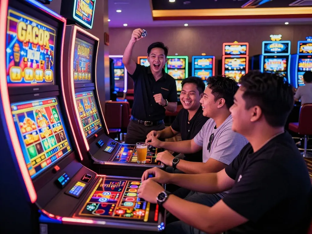 Group enjoying slot gacor hari ini at a lively casino with vibrant machines and drinks.
