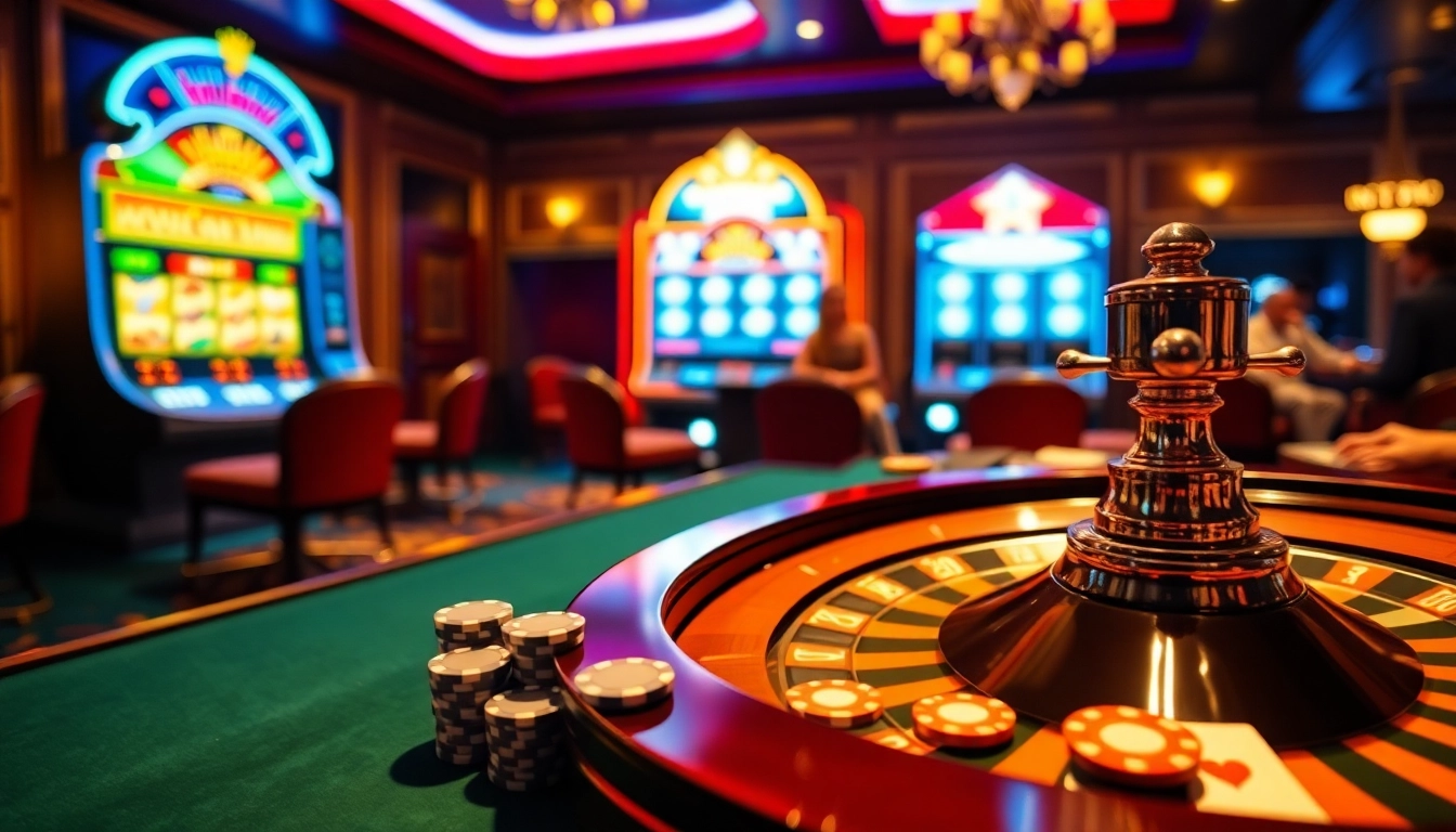 Scène captivante représentant un casino en ligne France fiable avec des activités de jeu passionnantes.