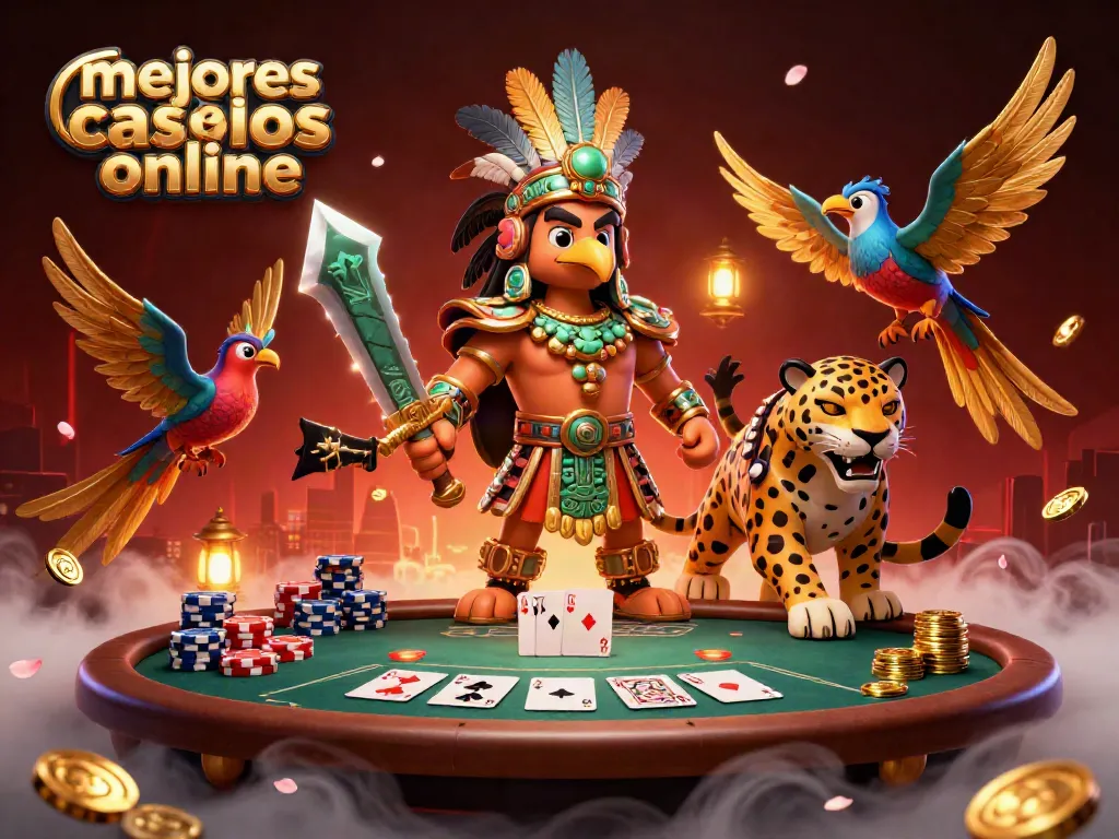 Listado de los mejores casinos online con un guerrero azteca y elementos de póker.