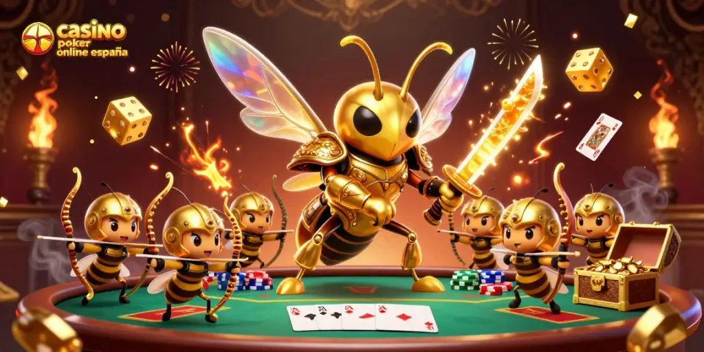 Participa en el emocionante casino poker online España, con acción de póker y elementos vibrantes en un ambiente de casino animado.