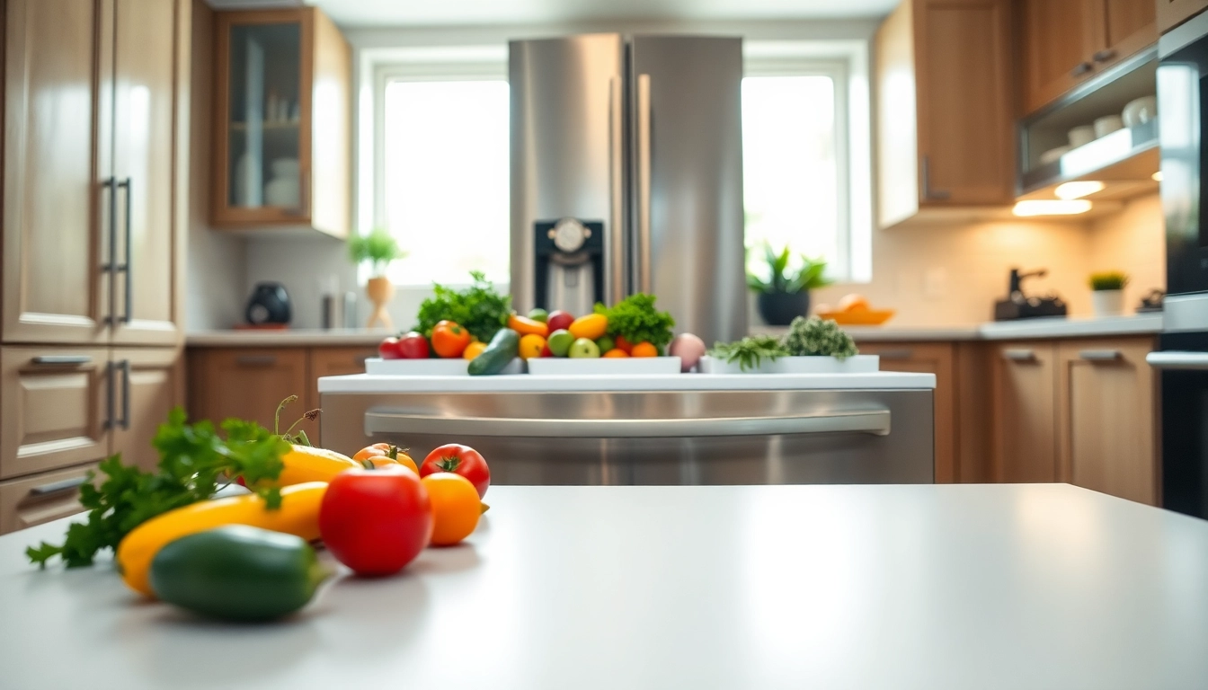Organize your kitchen with a sleek freezer showcasing fresh produce.