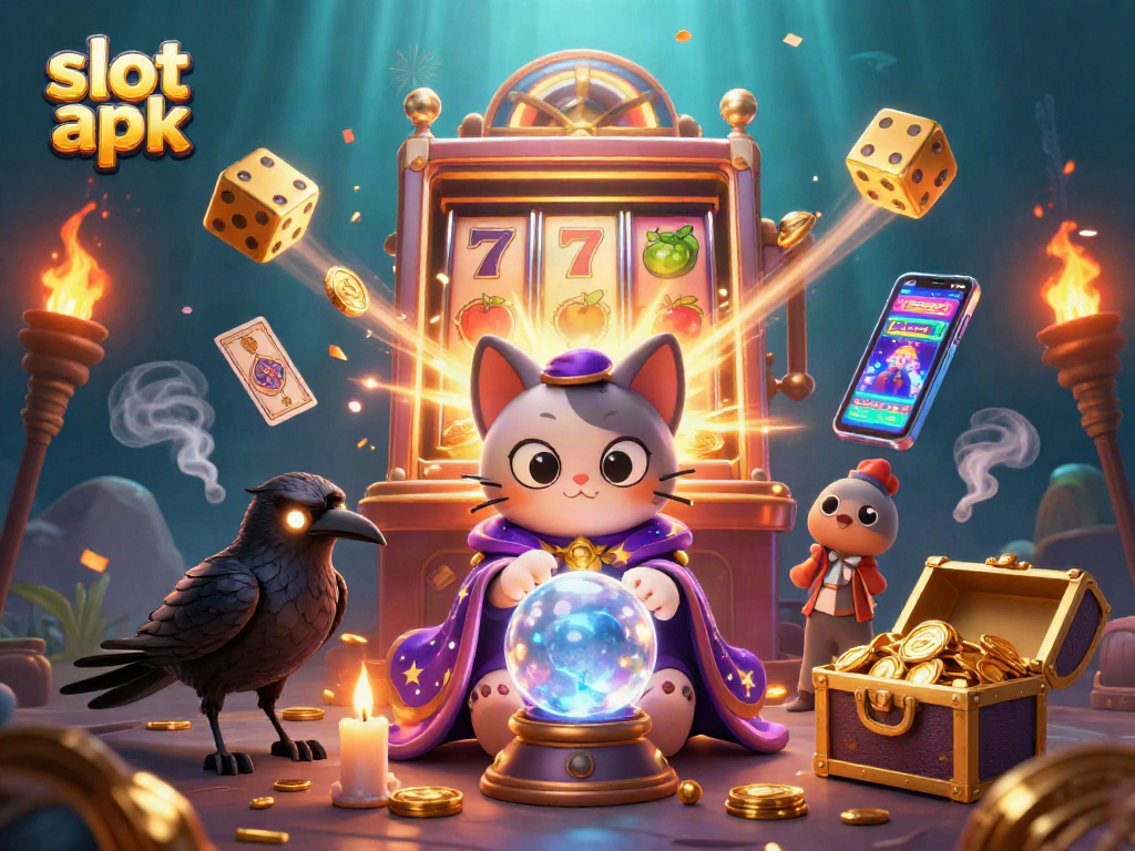 Experience the thrill of slot apk gaming with vibrant slot machines and animated characters.