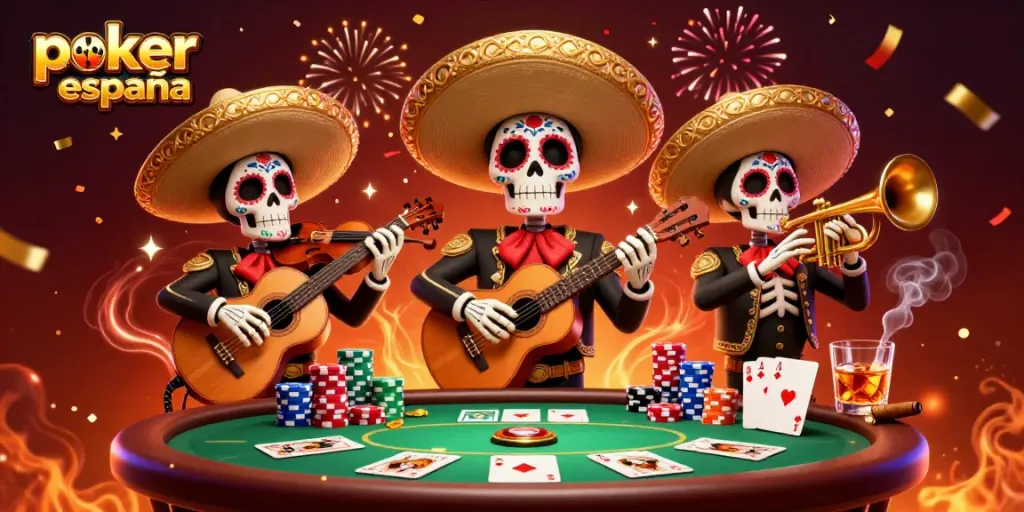 Acción vibrante en póker online España con una banda mariachi esqueleto y cartas en el centro.