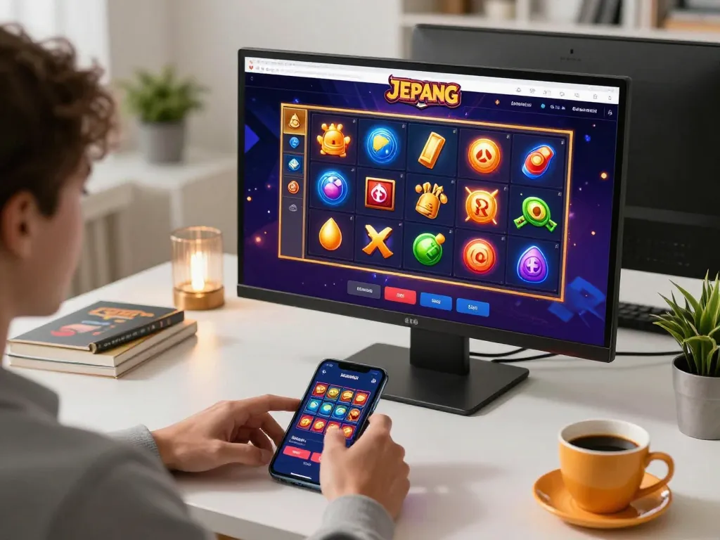 Engaging online gaming scene showing slot jepang interface and player excitement on a smartphone.