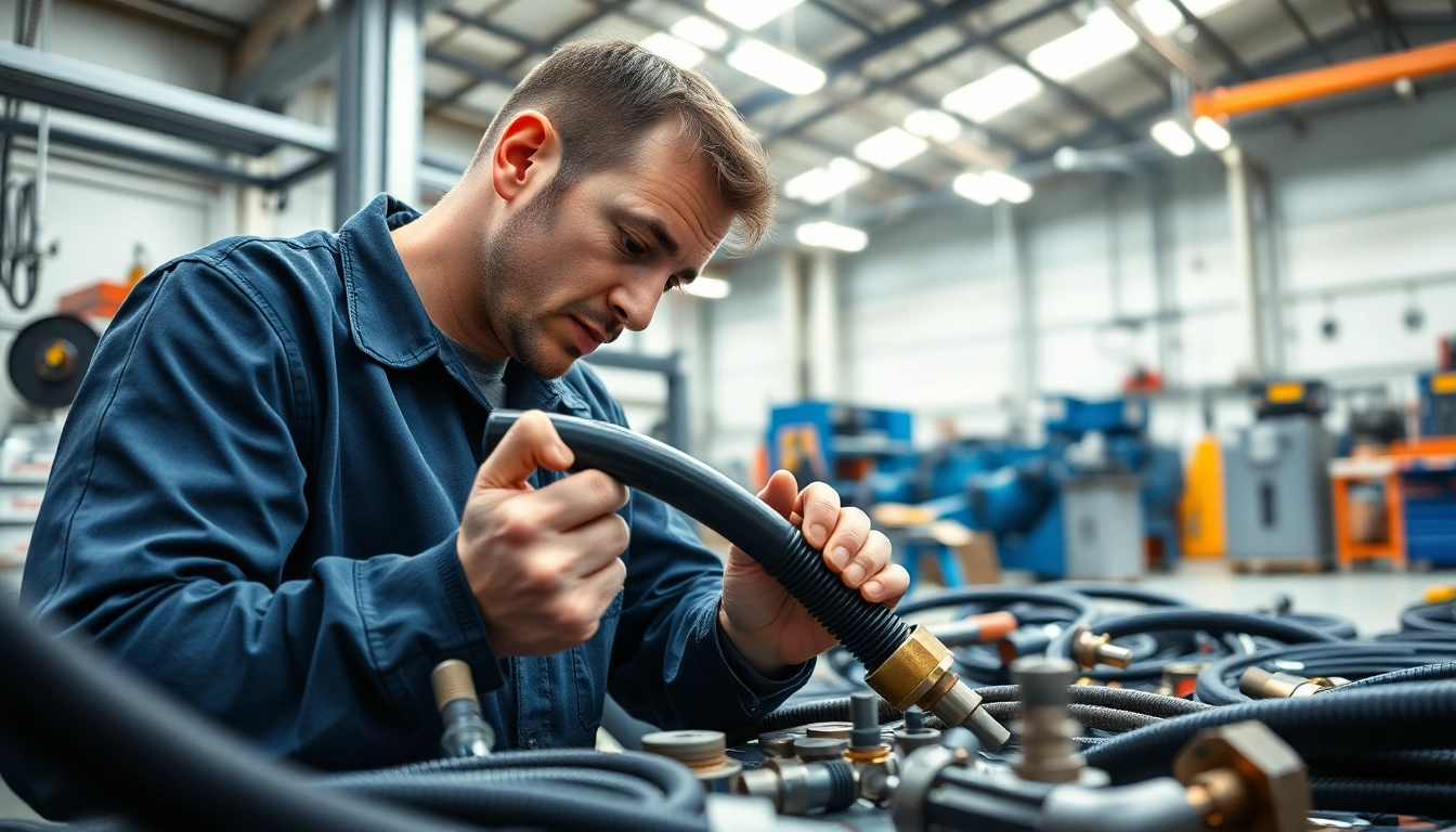Technician performing hydraulic hose repair in a professional workshop with tools and equipment.