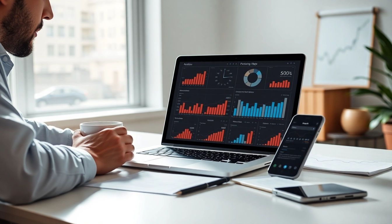 Analyze SEO performance metrics on a laptop surrounded by charts and data.