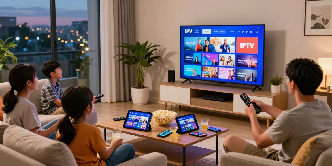 Watch Live TV in the USA with IPTV American in a cozy living room with family and Smart TV.
