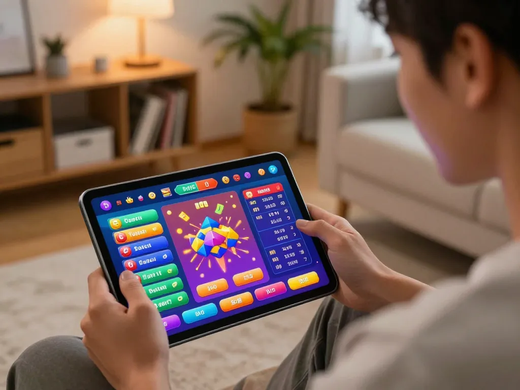Pemain menikmati permainan toto togel di tablet dalam suasana nyaman di rumah, menunjukkan perjudian yang bertanggung jawab