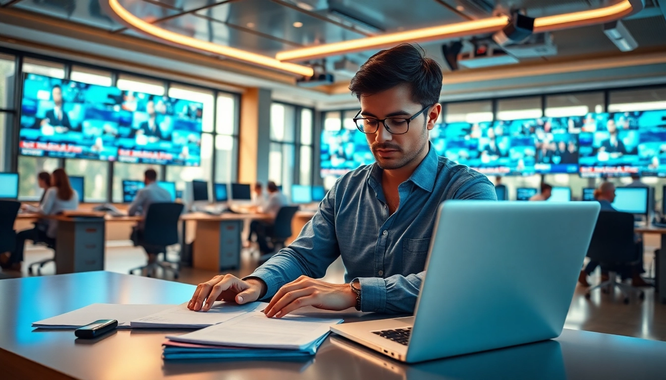 Covering news in a high-tech newsroom with professionals collaborating and focused on delivering information.