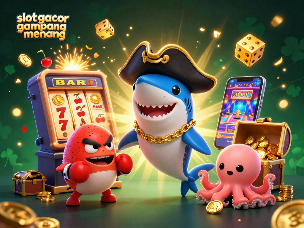 Action-packed scene showcasing slot gacor gampang menang with cartoon characters and jackpot elements in a vibrant casino