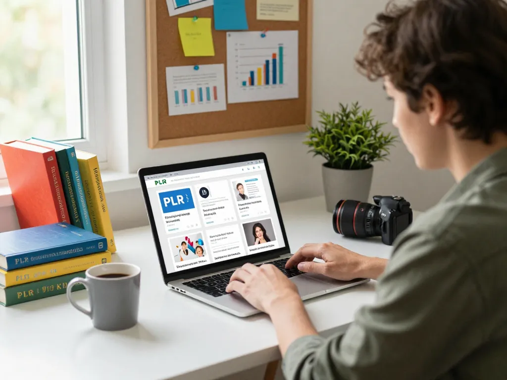Entrepreneur engaging with laptop to purchase PLR content in a modern workspace.