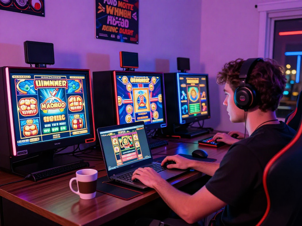 Pemain menyelami permainan slot777 di laptop, dikelilingi cahaya neon yang ceria.