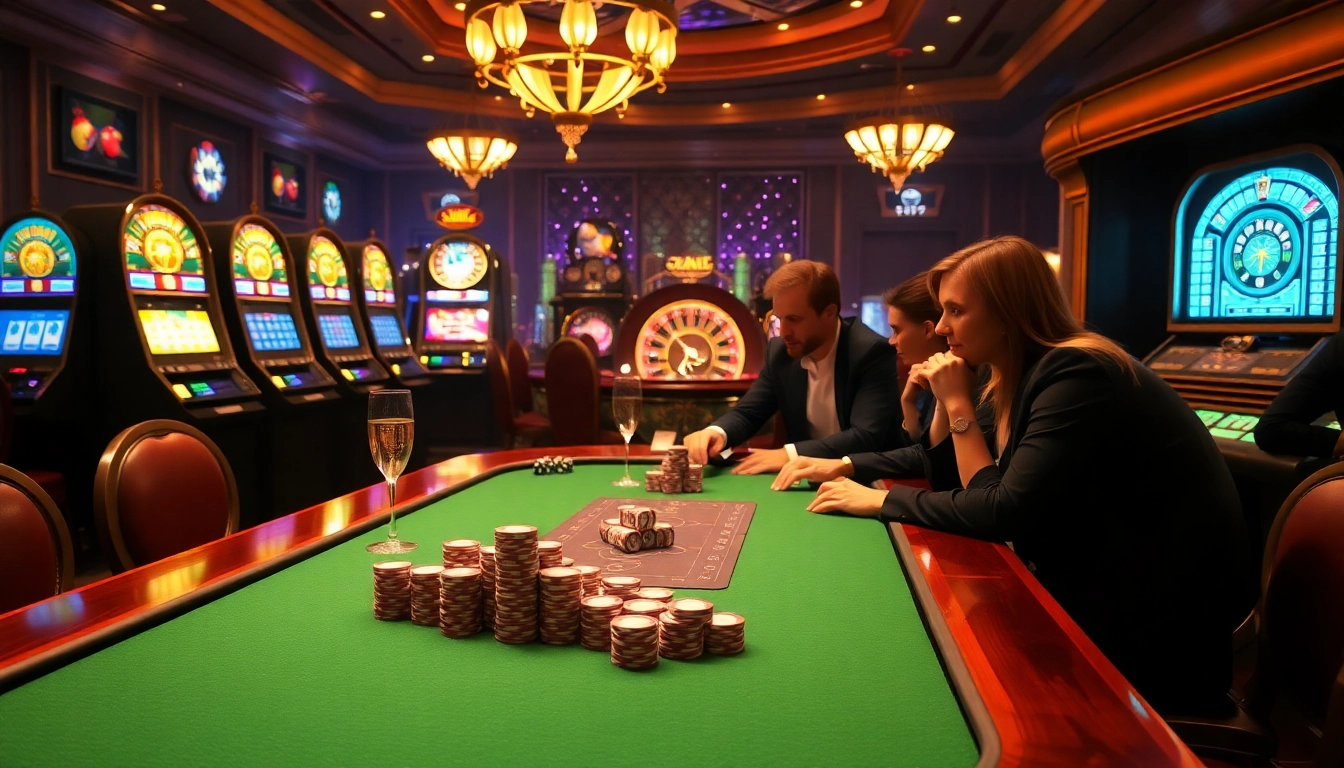 Players engaging in a thrilling poker game at PS 99's luxurious casino, showcasing excitement and professionalism.