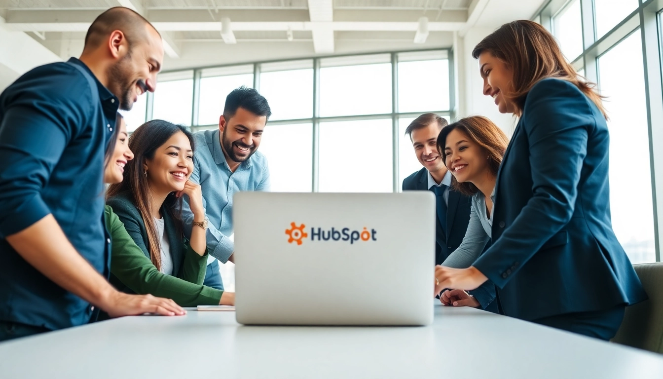 Utilize hubspot free tools with a collaborative team in a modern office environment.