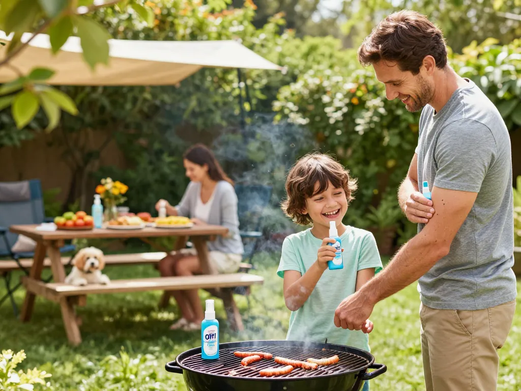 Family enjoying a barbecue while applying mosquito repellent in a summer garden.