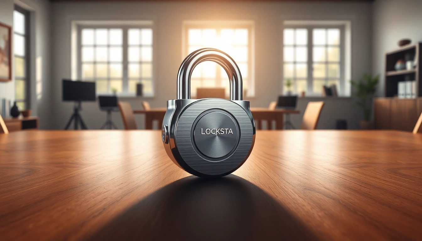 Locksta, ein moderner Sicherheitsverschluss, elegant auf einem Holzuntergrund platziert.