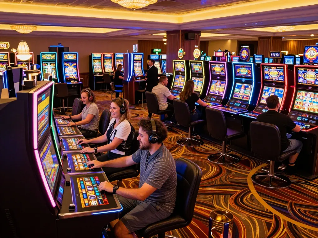 Engaged players experiencing the thrill of slot server Kamboja gaming at a lively casino floor.