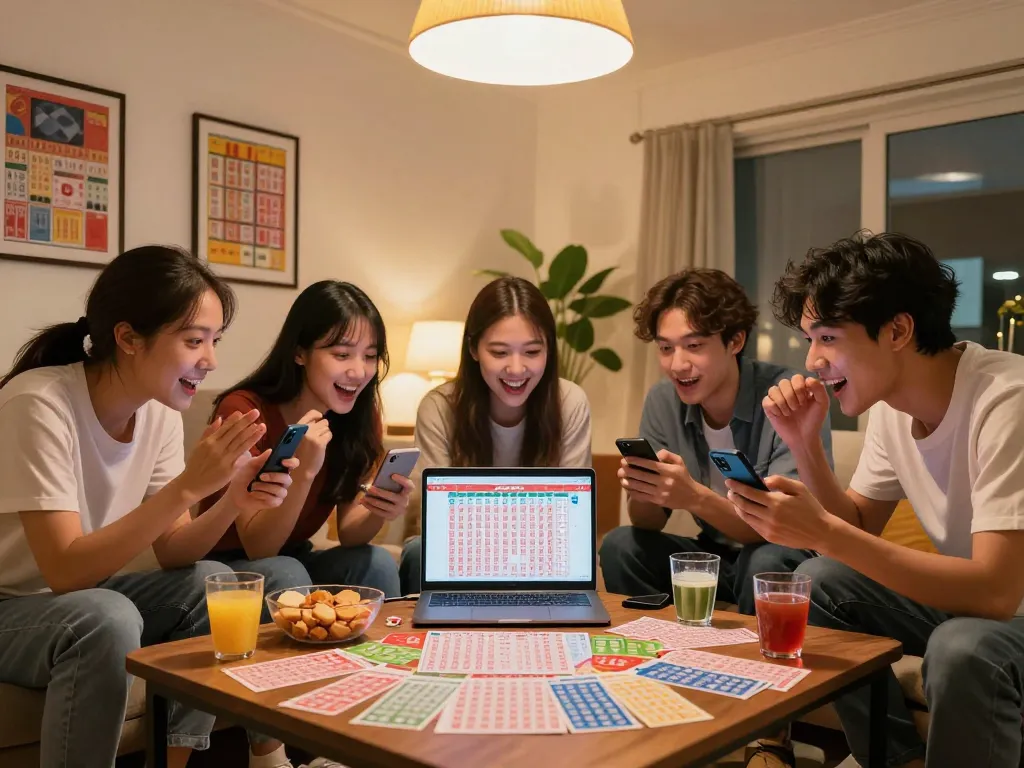 Friends strategizing for xổ số hubet88 with lottery tickets in a cozy living room.