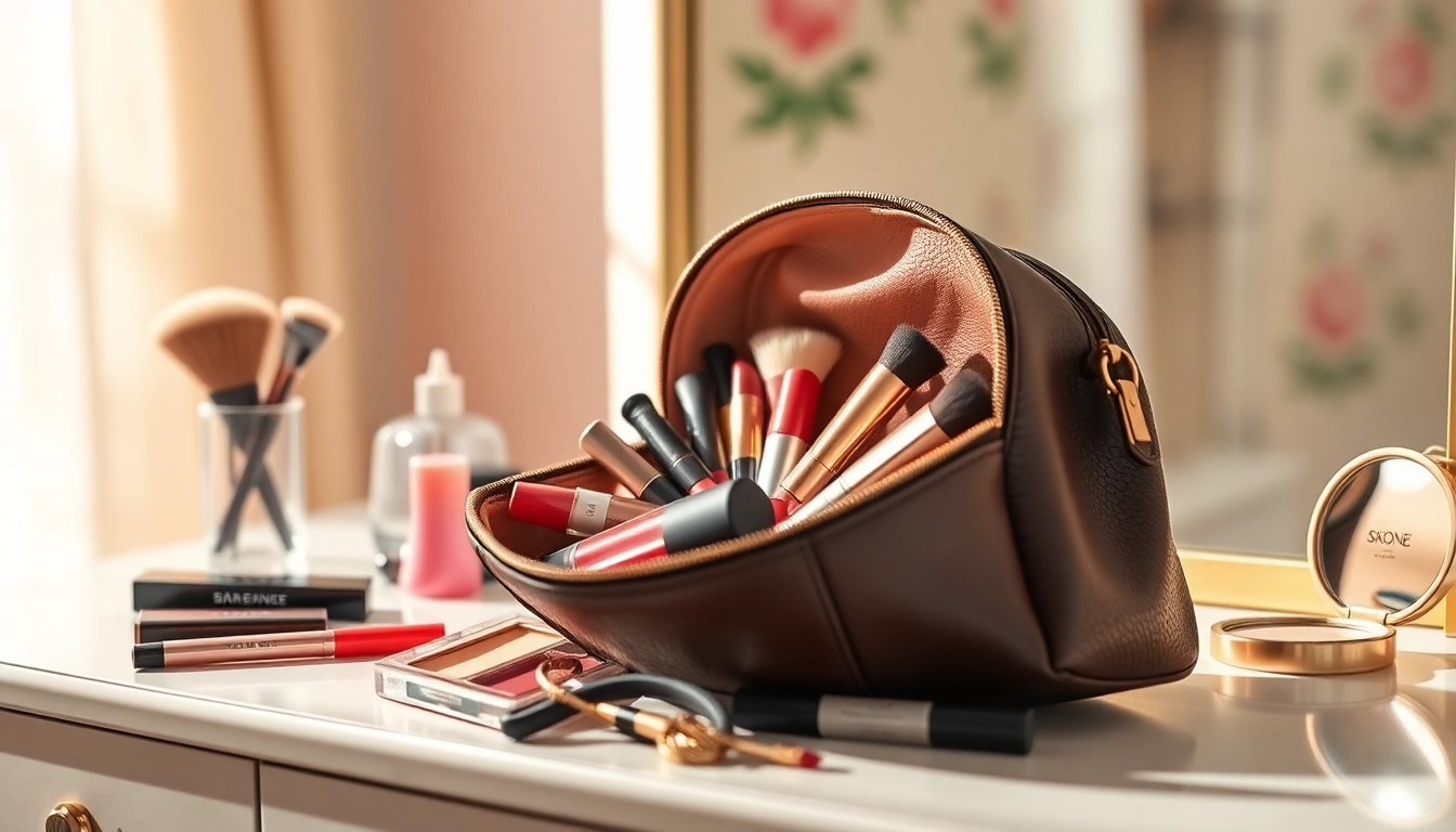 Stylish skone cosmetics signature makeup bag displayed with vibrant makeup products on a vanity.