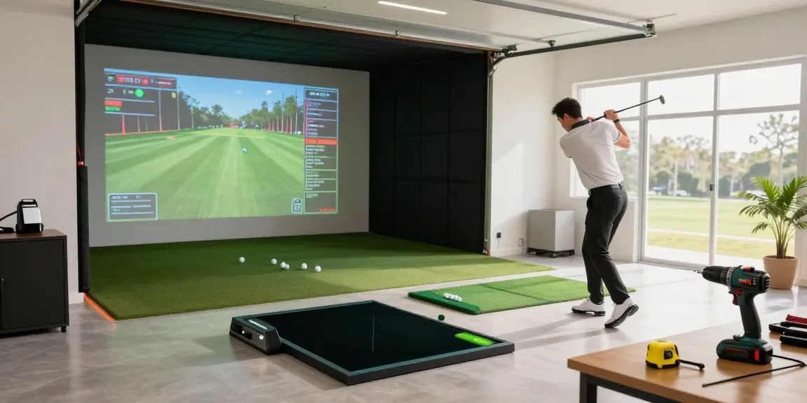 Practicing how to build home golf sim in a spacious garage with launch monitor, impact screen, and DIY tools.