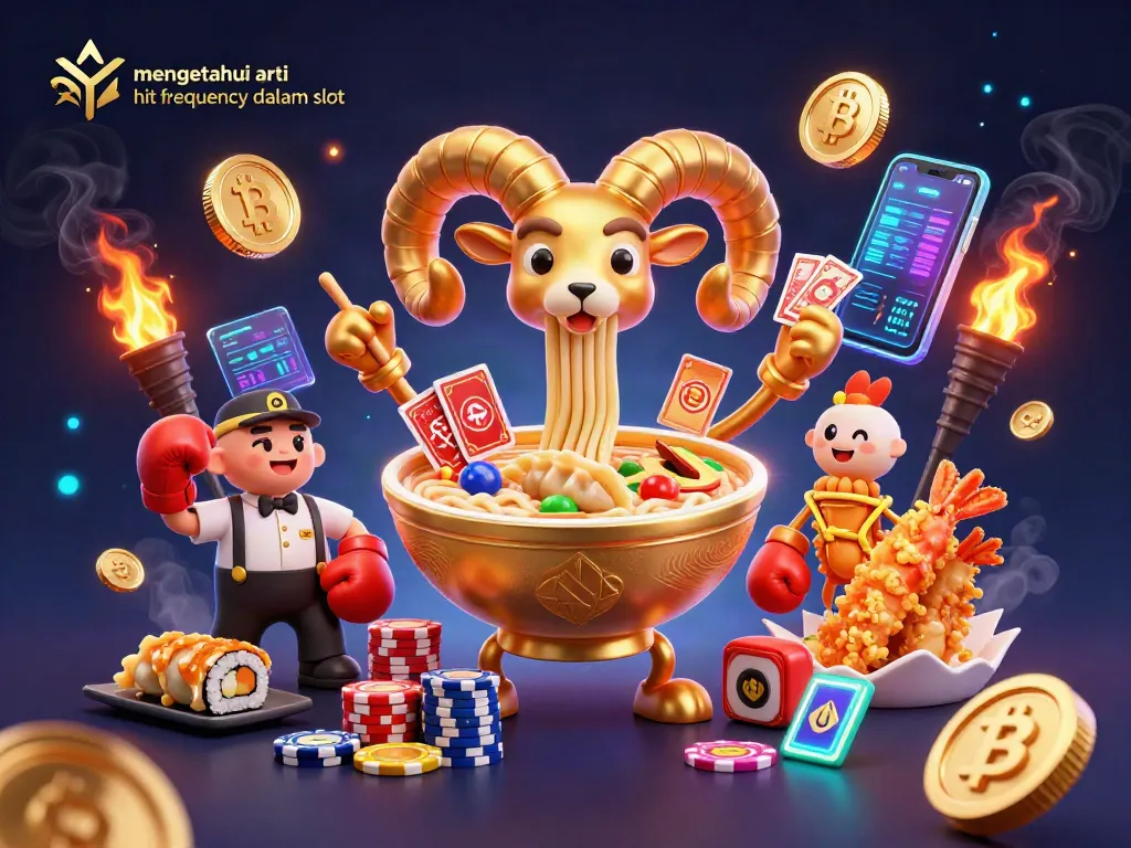 Mengetahui arti hit frequency dalam slot dengan ilustrasi karakter kasino 3D yang dinamis dan penuh warna.