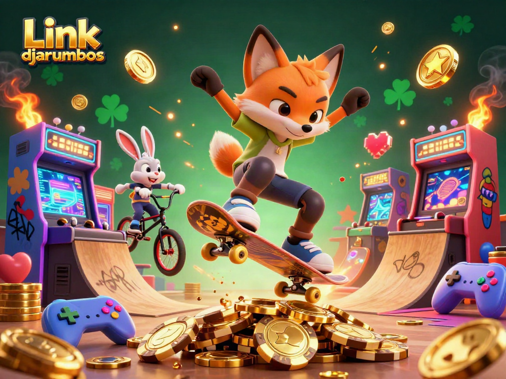Engage in gaming excitement with Link djarumbos as a fox performs tricks over golden poker chips.