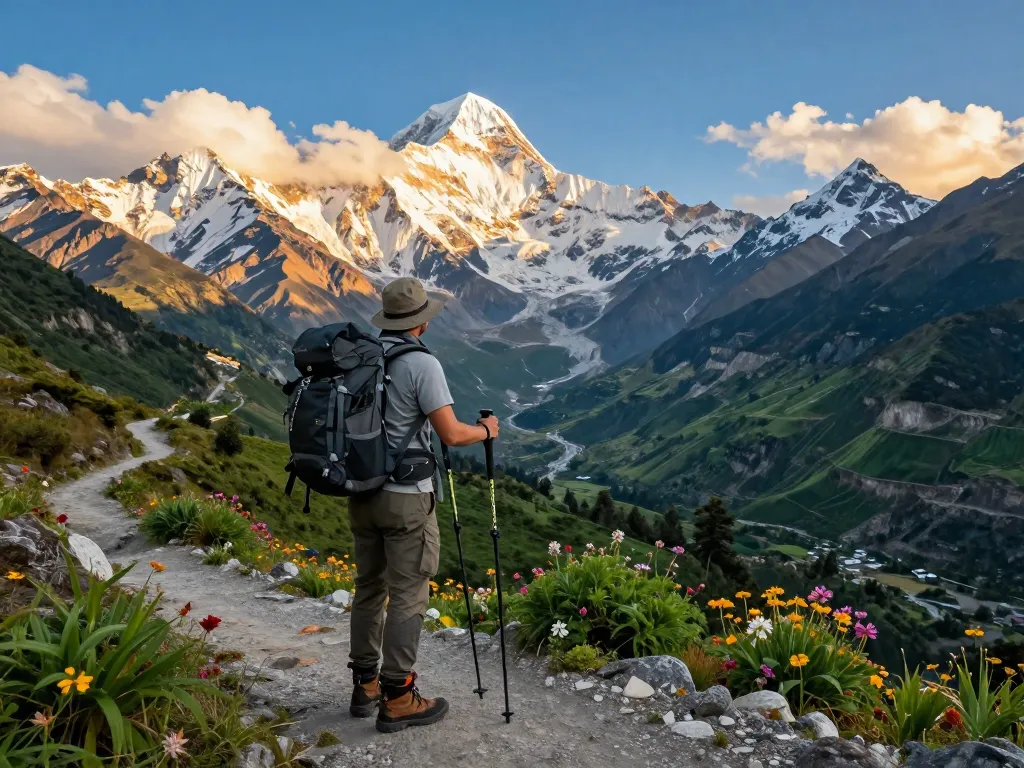 Annapurna Circuit trekking adventure with a traveler overlooking dramatic mountain scenery during golden hour.