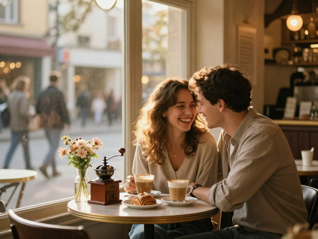A couple enjoying coffee in a romantic café, capturing the joy of a crush on someone special.