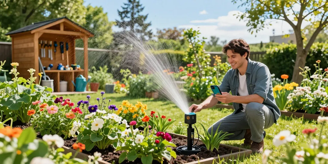Gardener using rainpoint sprinkler timer for efficient watering in a blooming garden.