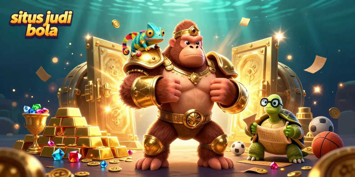 Engage in situs judi bola with a vibrant scene showcasing a powerful gorilla, chameleon, and tortoise amidst golden treasures.
