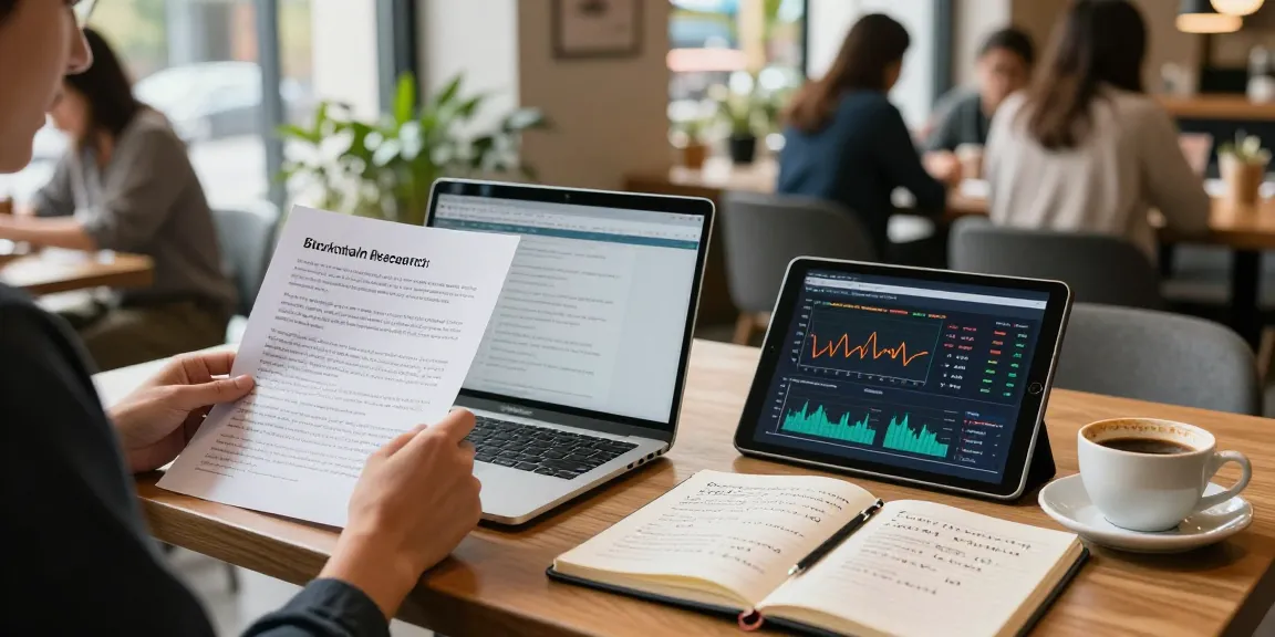 eco friendly crypto mining research in a busy coffee shop with digital wallet and blockchain charts