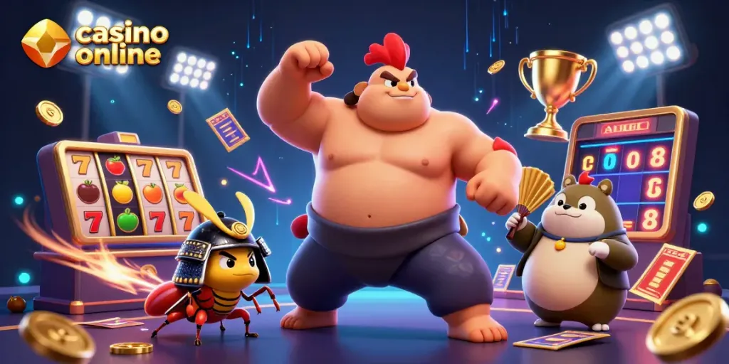 Disfruta de emocionantes aventuras en un casino online con esta ilustración vibrante y llena de acción.