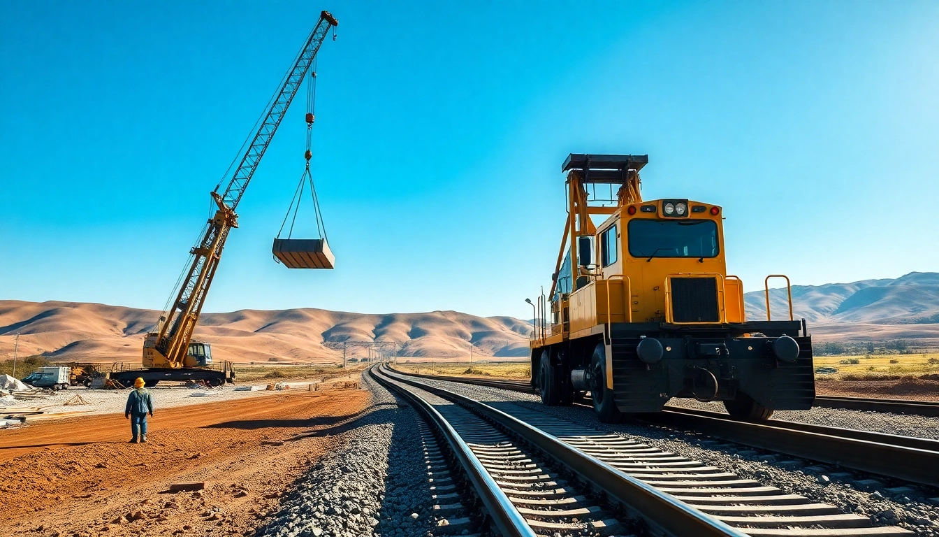 Workers operating machinery in a railroad construction site, showcasing the vital operations of Railroad Construction.