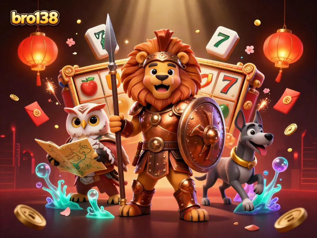 Bro138 players enjoy an exciting 3D casino scene with a Spartan lion, owl strategist, and greyhound messenger.