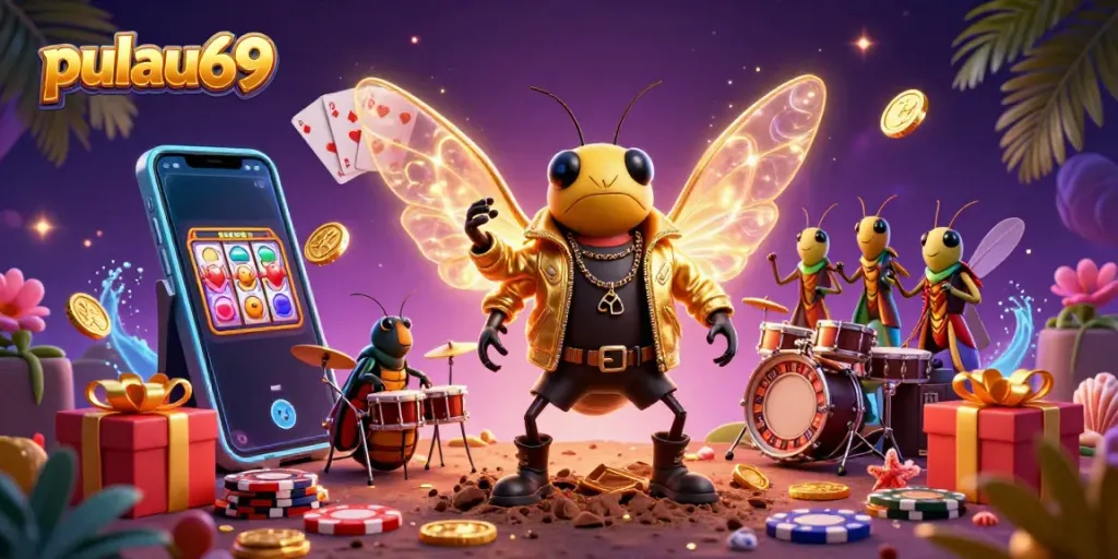 Experience pulau69 with a vibrant scene of 3D characters in a casino filled with games and excitement.