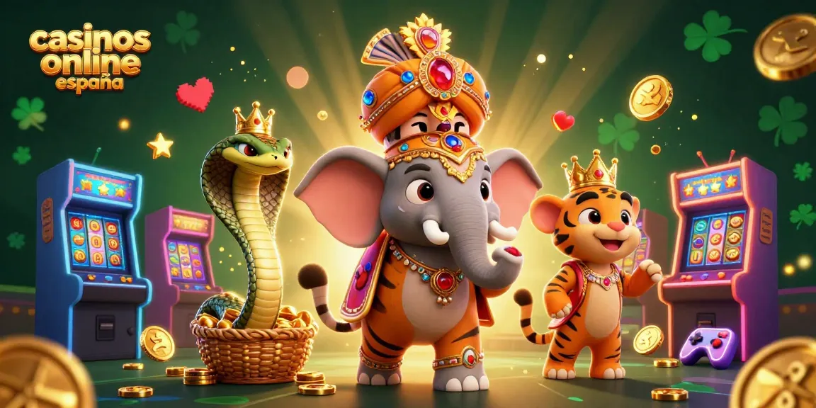 Los mejores casinos online en España presentan un tigre maharaja y un elefante con elementos de juego vibrantes.