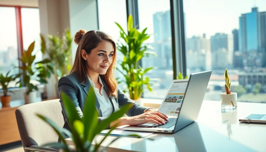 Showcasing Real Estate agent reviewing listings in a bright modern office