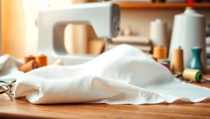 Katoen stof met elegante naaigereedschappen op tafel, ideaal voor creatieve projecten.