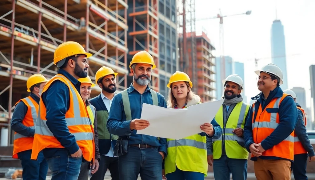 New York City General Contractor overseeing a collaborative construction project with diverse workers.