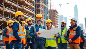 New York City General Contractor overseeing a collaborative construction project with diverse workers.