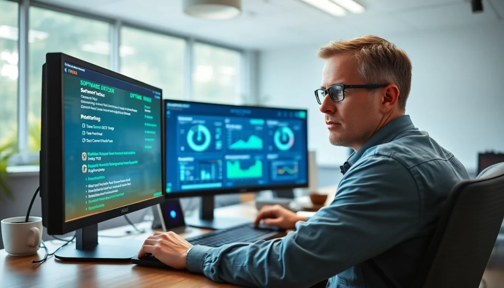 Engaging scene of remote patching and monitoring for endpoints conducted by an IT professional.