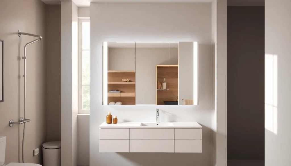 Spiegelschrank mit LED Beleuchtung im modernen Badezimmer, das praktischen Stauraum bietet.