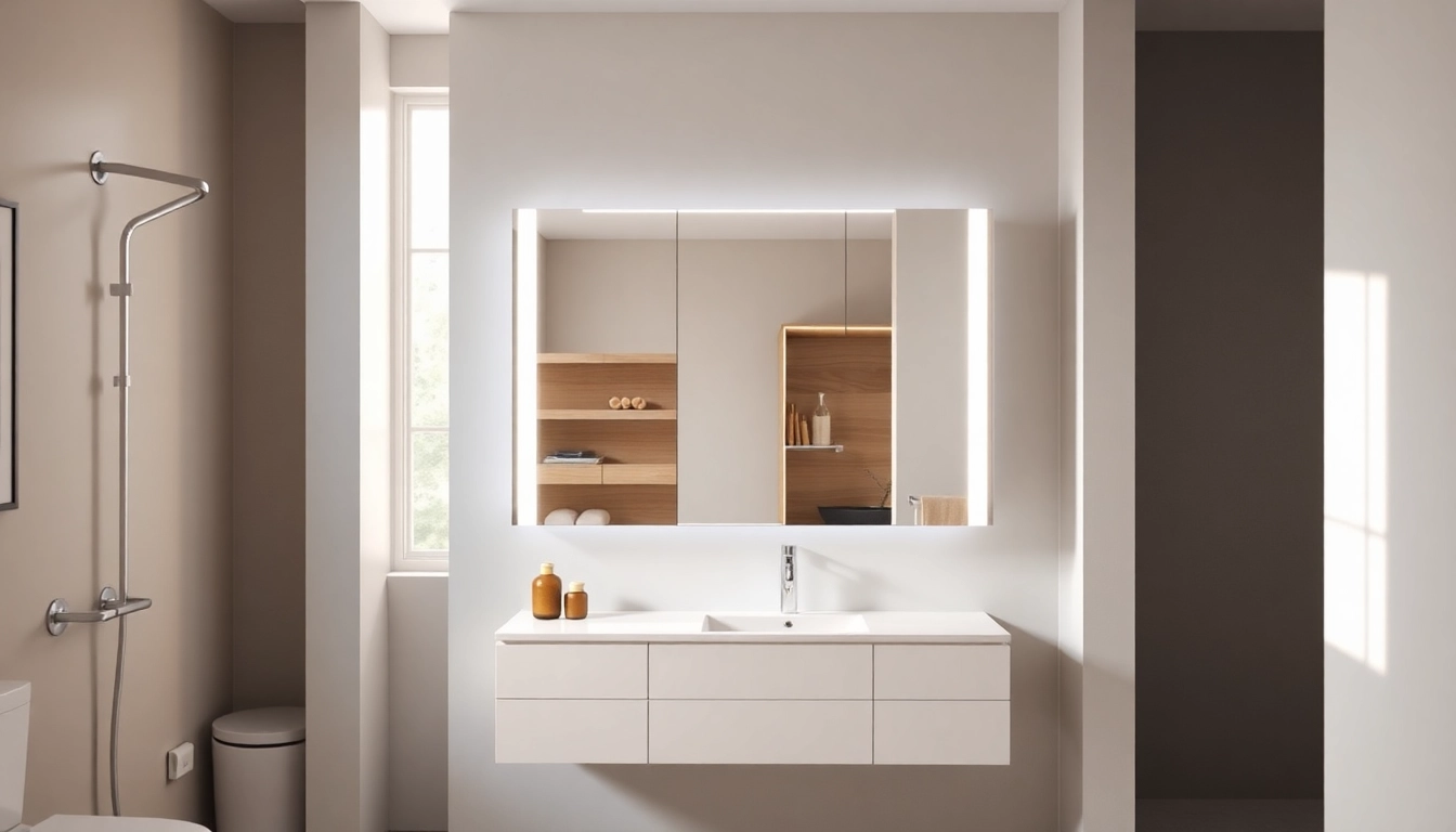 Spiegelschrank mit LED Beleuchtung im modernen Badezimmer, das praktischen Stauraum bietet.