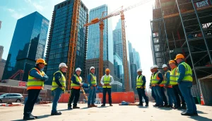 Showcasing a New York Commercial General Contractor team working on-site with cranes and skyscrapers.