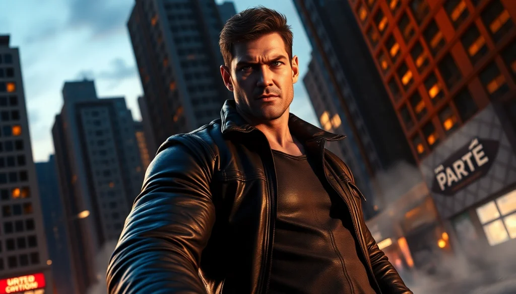 Hero stands ready in an urban setting, embodying action better than Reacher in a dramatic scene.