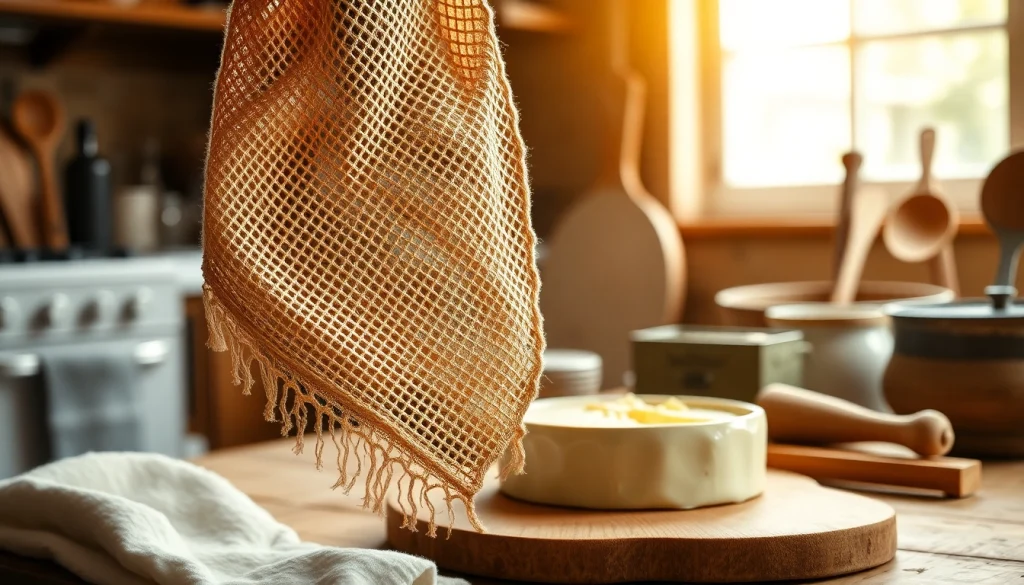 Kaasdoek draped over a bowl, showcasing artisanal cheese-making process details.