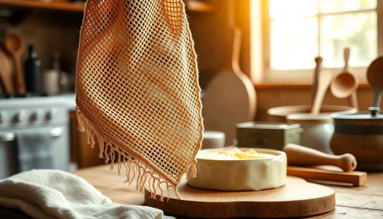 Kaasdoek draped over a bowl, showcasing artisanal cheese-making process details.