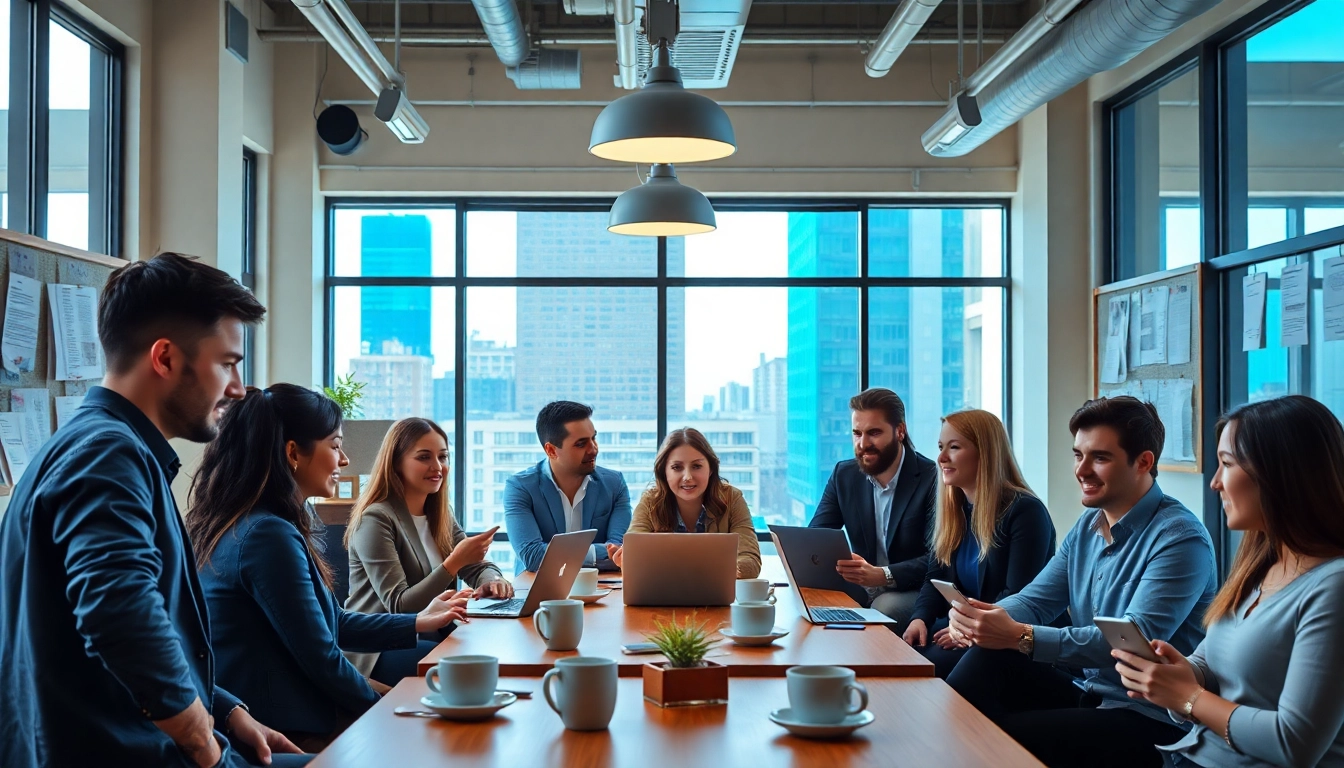 Engaged professionals networking for new york jobs in a vibrant co-working space.
