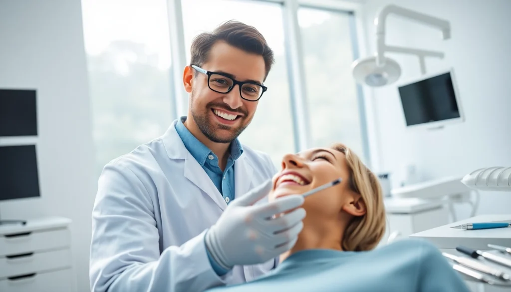 Dentist engaging with a patient in a modern clinic, showcasing professionalism and patient care.