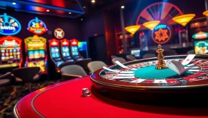 Experience the thrill of gambling with F8BET, showcasing an elegant poker table and vibrant slot machines in a luxurious casino environment.